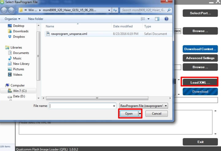 pilih rawprogram unparse dan load xml