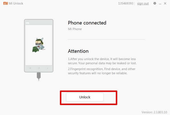 Mi Unlock Tool Phone Connected