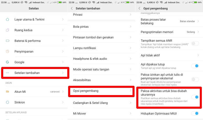 menu opsi pengembang Paksa aktifitas untuk bisa diubah ukuranya