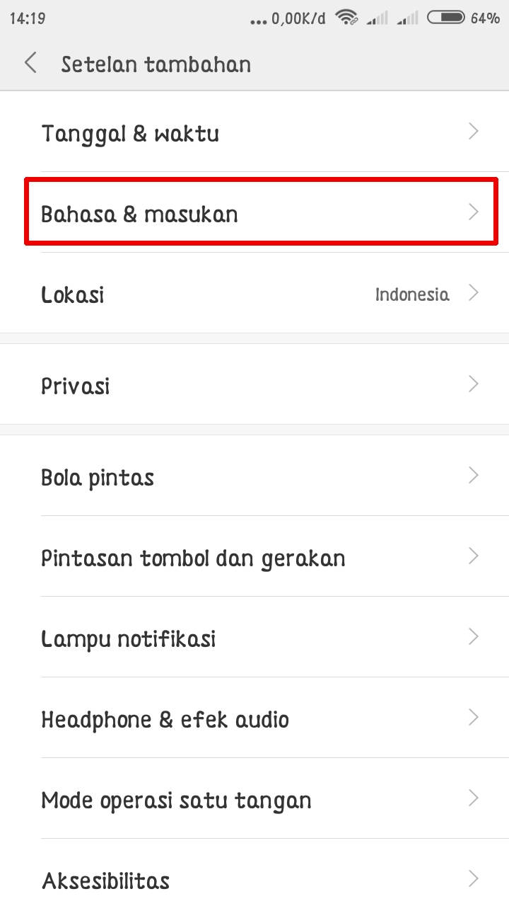 Menu Bahasa dan Masukan Xiaomi