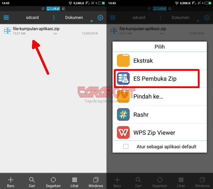 ekstrak file zip dengan file manager