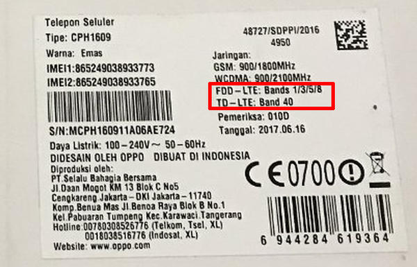 Box OPPO Yang Berisi Informasi Band Frekuensi 4G LTE