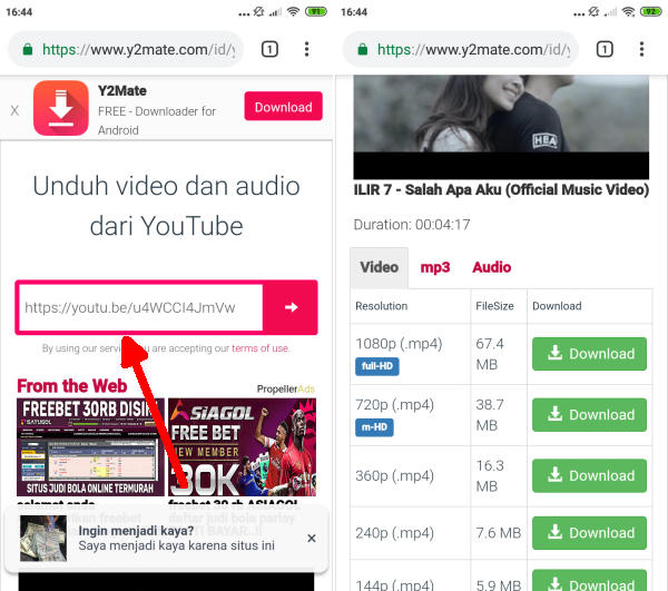 Paste Link Youtube di Y2mate