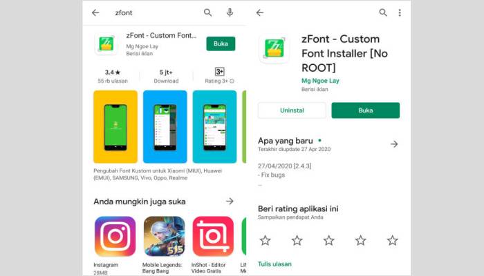 Aplikasi zFont Play Store