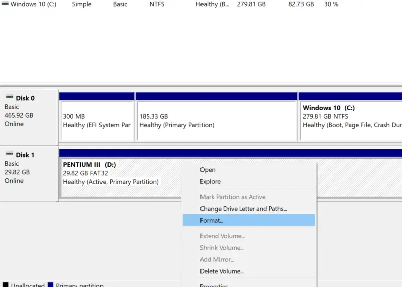 Format via Disk Management