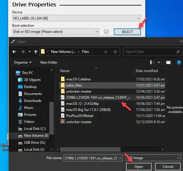 Pilih file ISO Windows 11