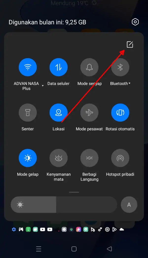 ikon Pensil di Panel Pengaturan Cepat